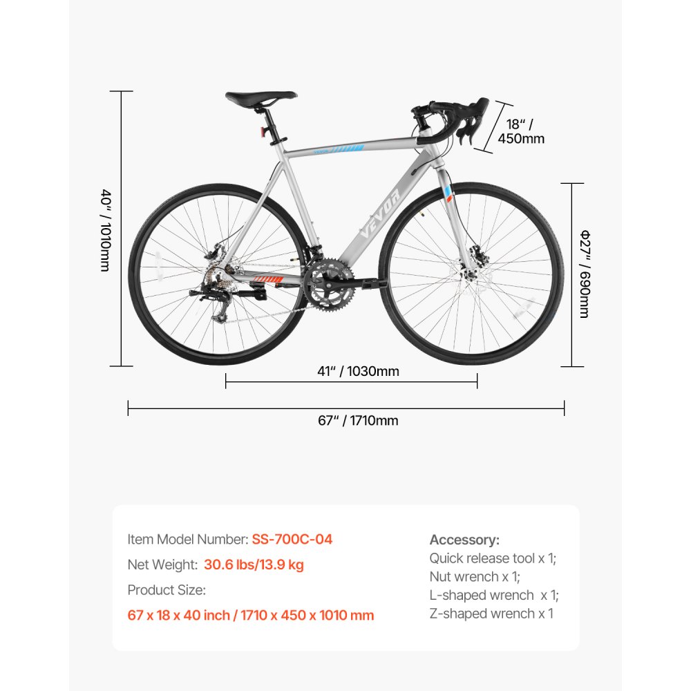 VEVOR Road Bike, 700C Wheels Racing Bike, L-TWOO 14 Speeds Drivetrain City Commuter Road Bicycle, Urban Adult Sport Bike with Lightweight Aluminum Alloy Frame, Drop Bar, Disc Brake, for Men Women