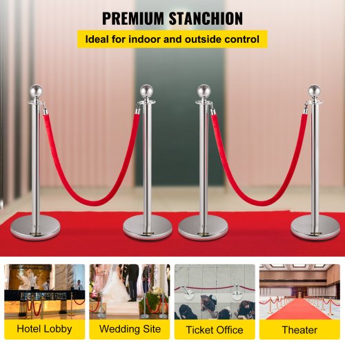 VEVOR Retractable Silver Round Top Queue Control Barrier Posts Stands Security Stanchion Rope Divider with 1.5M Red Rope Crowd Control Barrier Silver Round top Column