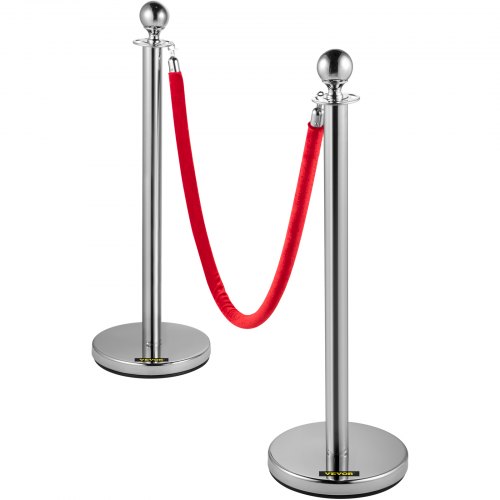 VEVOR Retractable Silver Round Top Queue Control Barrier Posts Stands Security Stanchion Rope Divider with 1.5M Red Rope Crowd Control Barrier Silver Round top Column