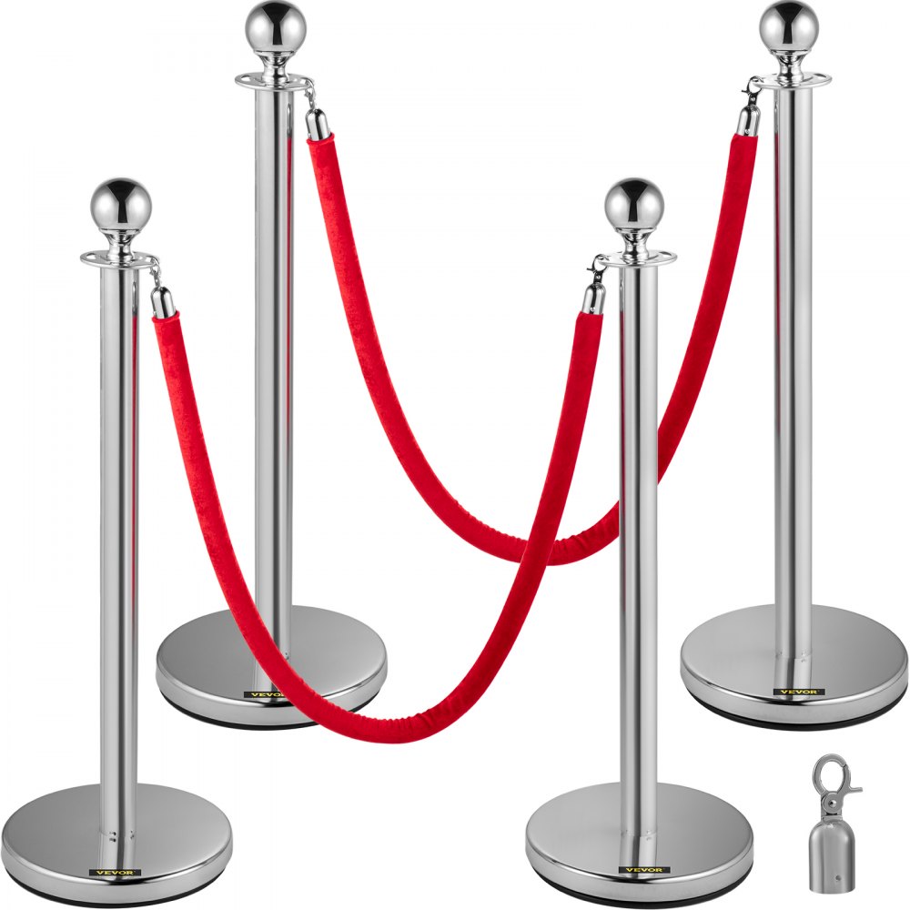 VEVOR Zaťahovacie strieborné, okrúhle, horné, okrúhle stĺpiky zábrany, stojany Bezpečnostný stĺpik s lanom s 1,5 m červeným lanom Zábrana na ovládanie zástupu Strieborná, okrúhly stĺpik