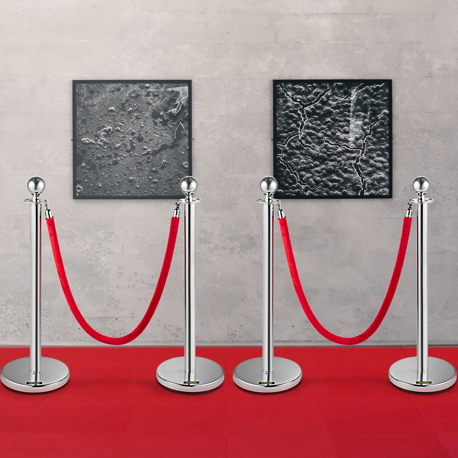 VEVOR 4PCS Stainless Steel Stanchion Posts Queue, Red Velvet Ropes Silver Post, 5FT Rope Barriers Queue Line Crowd Control Barriers for Party Supplies