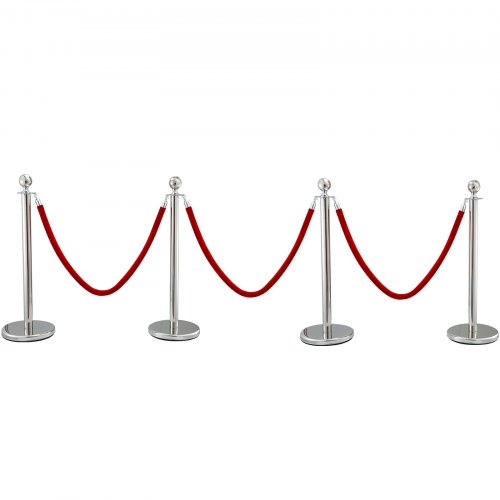 VEVOR 4 Pack Retractable Silver Round Top Stanchion Post Queue Crowd Control Barrier Posts Line Pole with 1.5M Red 2 Velvet Rope