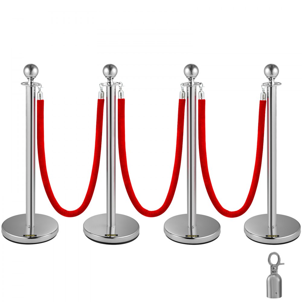 VEVOR Cola de postes de poste de 38 pulgadas, cuerda de terciopelo rojo (3, plateado)