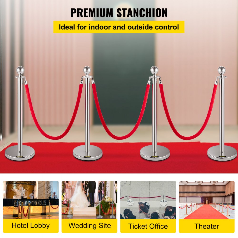 1.5m Queue Barrier 4 Pack Crowd Control Stanchion 3 Ropes Hotel Exhibition Mall