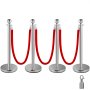 VEVOR 4-pakke uttrekkbar sølv rund topp stolpestolpe kø Crowd Control Barrier Posts Line stang med 1,5 M rødt 2 fløyelstau