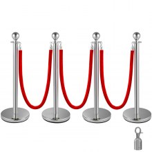 Bestequip File d'attente de poteaux argentés de 38 pouces, corde de velours rouge, paquet de 4 barrières de corde, barrières de contrôle des foules, ligne de file d'attente pour les fournitures d'hôtel et d'école de fête