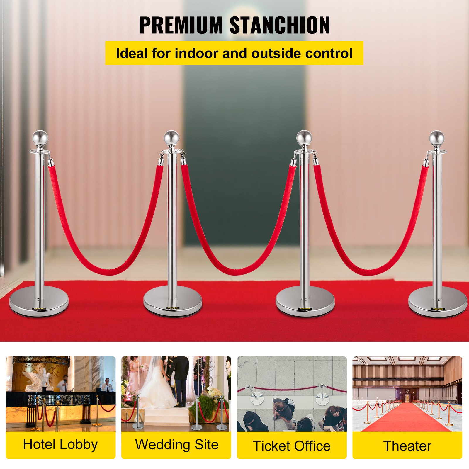 VEVOR 4 Pack Retractable Silver Round Top Stanchion Post Queue Crowd Control Barrier Posts Line Pole with 1.5M Red 2 Velvet Rope