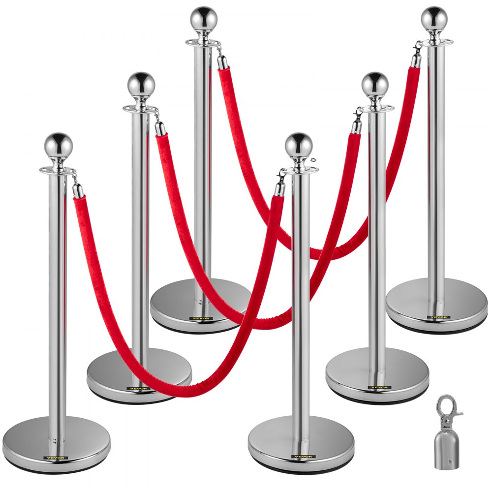 VEVOR 6 postes plateados de acero inoxidable para cola, cuerda roja retráctil de 38 pulgadas para uso en interiores y exteriores.