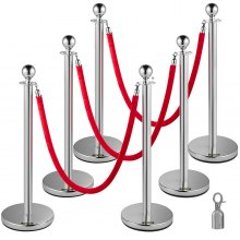 VEVOR Crowd Control Stanchion 95cm Queue Barrier Red Velvet Rope Silver 6PCS