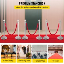 VEVOR 6 PCS Silver Stanchions Posts Stainless Steel Stanchion Queue Post Red Rope Retractable 38In for Both Indoor and Outdoor use