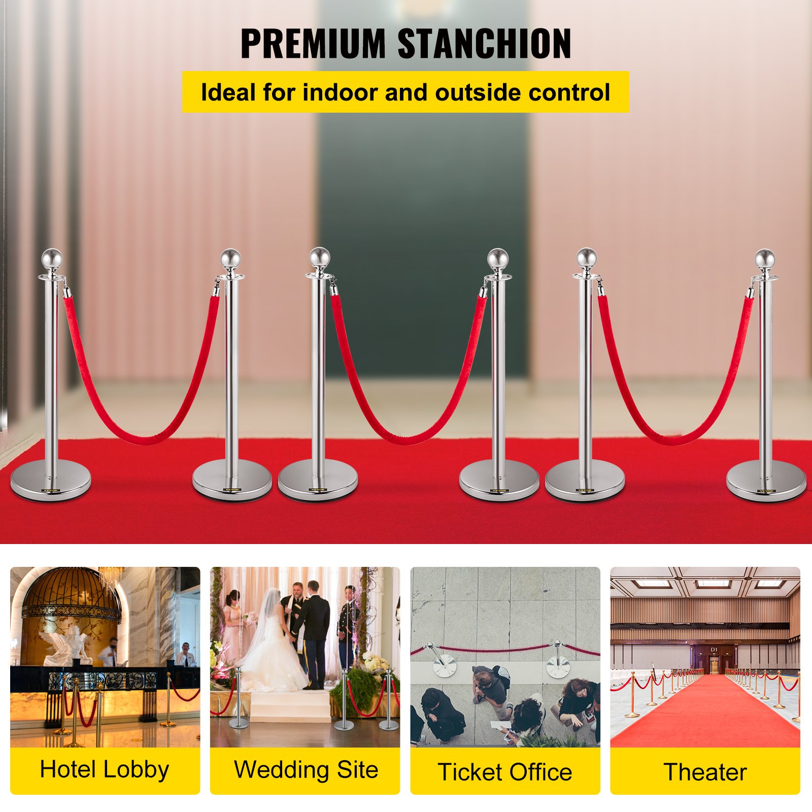 VEVOR Crowd Control Stanchion 95cm Queue Barrier Red Velvet Rope Silver 6PCS