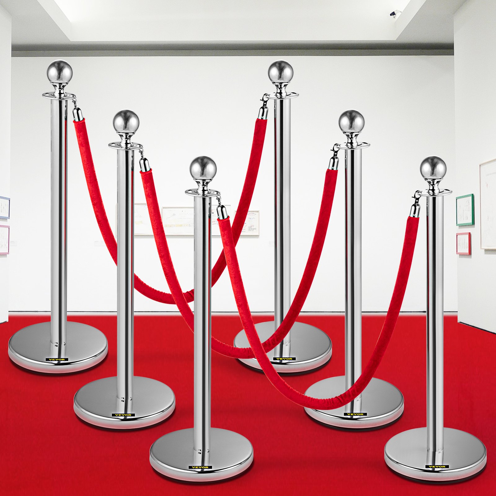VEVOR Crowd Control Stanchion 95cm Queue Barrier Red Velvet Rope Silver 6PCS