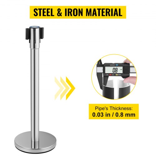 VEVOR Crowd Control Stanchion, Set of 2 Pieces Stanchion Set, Stanchion Set with 6.6 ft/2 m Black Retractable Belt, Silver Crowd Control Barrier w/ Concrete and Metal Base – Easy Connect Assembly