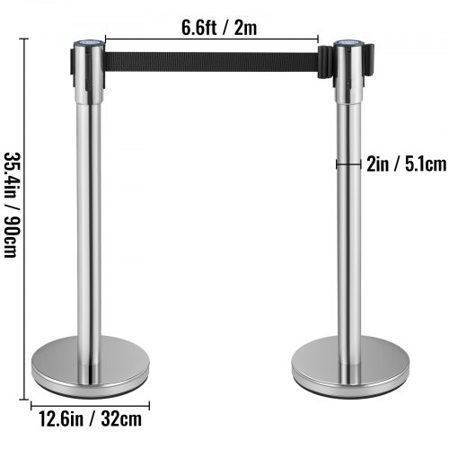 VEVOR Crowd Control Stanchion, Set of 2 Pieces Stanchion Set, Stanchion Set with 6.6 ft/2 m Black Retractable Belt, Silver Crowd Control Barrier w/ Concrete and Metal Base – Easy Connect Assembly