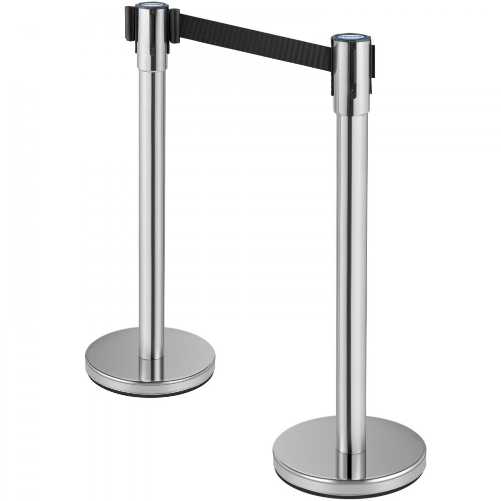 VEVOR Crowd Control Stanchion, Set of 2 Pieces Stanchion Set, Stanchion Set with 6.6 ft/2 m Black Retractable Belt, Silver Crowd Control Barrier with Concrete and Metal Base – Easy Connect Assembly