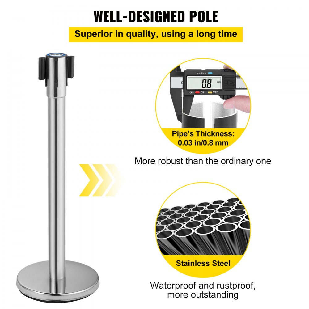VEVOR Soporte de control de multitudes, juego de 2 soportes con cinturón retráctil negro de 6,6 pies/2 m, barrera de control de multitudes plateada con base de hormigón y metal, montaje de fácil conexión utilizado para aeropuertos, teatros