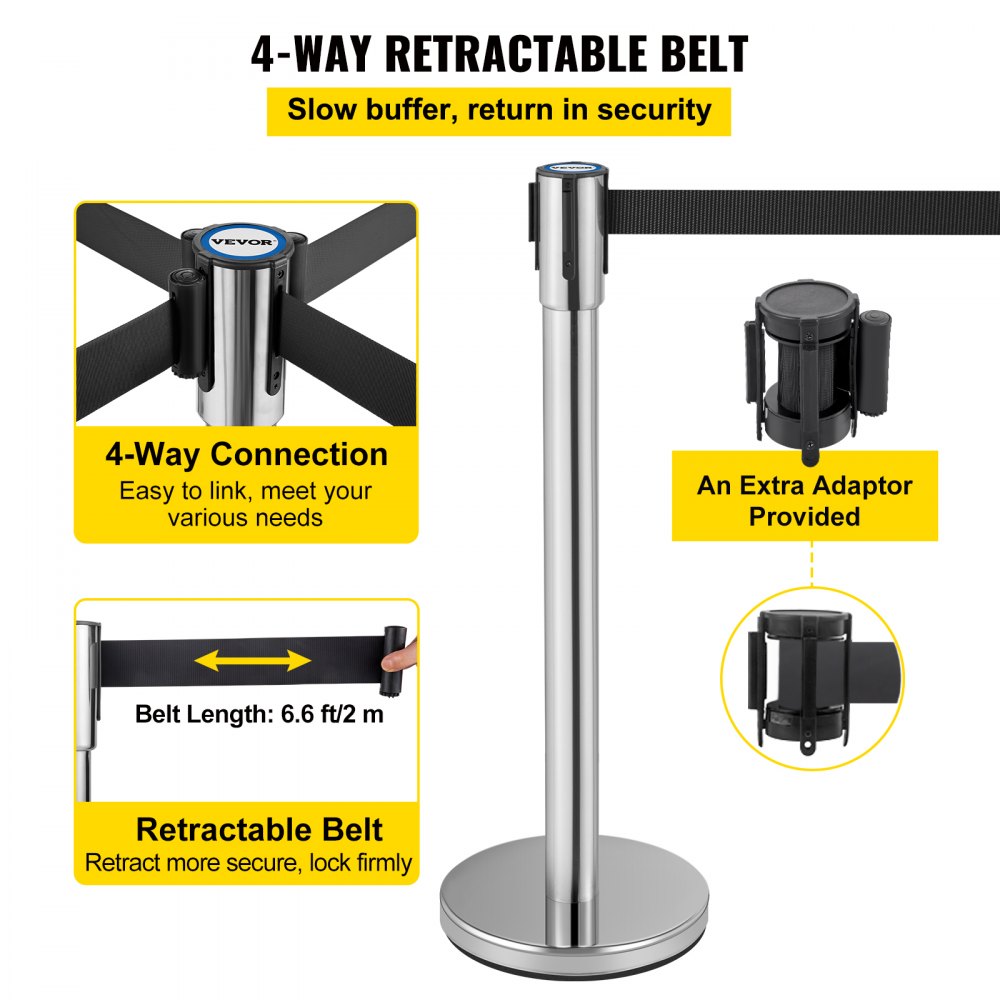 VEVOR Soporte de control de multitudes, juego de 2 soportes con cinturón retráctil negro de 6,6 pies/2 m, barrera de control de multitudes plateada con base de hormigón y metal, montaje de fácil conexión utilizado para aeropuertos, teatros