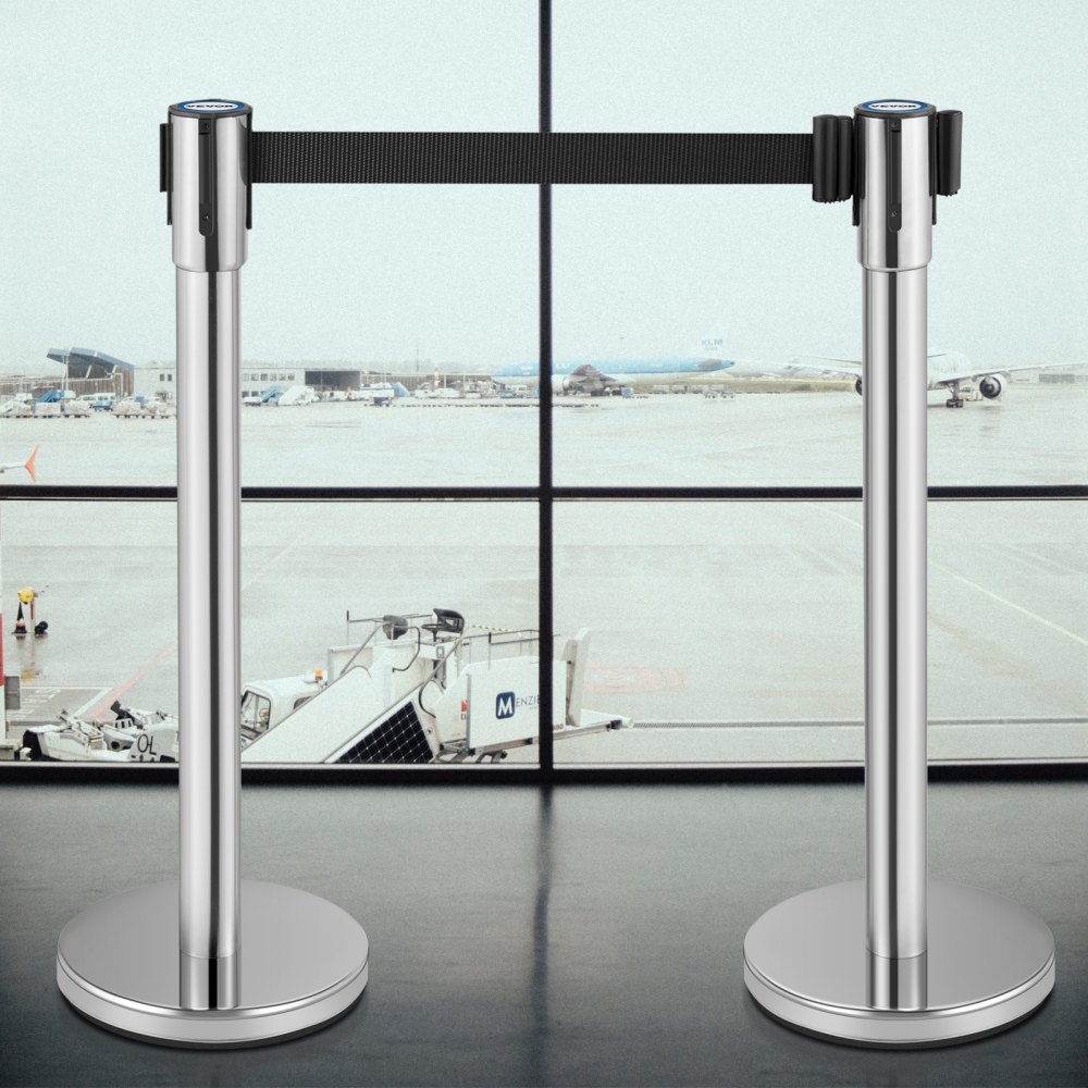VEVOR Soporte de control de multitudes, juego de 2 soportes con cinturón retráctil negro de 6,6 pies/2 m, barrera de control de multitudes plateada con base de hormigón y metal, montaje de fácil conexión utilizado para aeropuertos, teatros