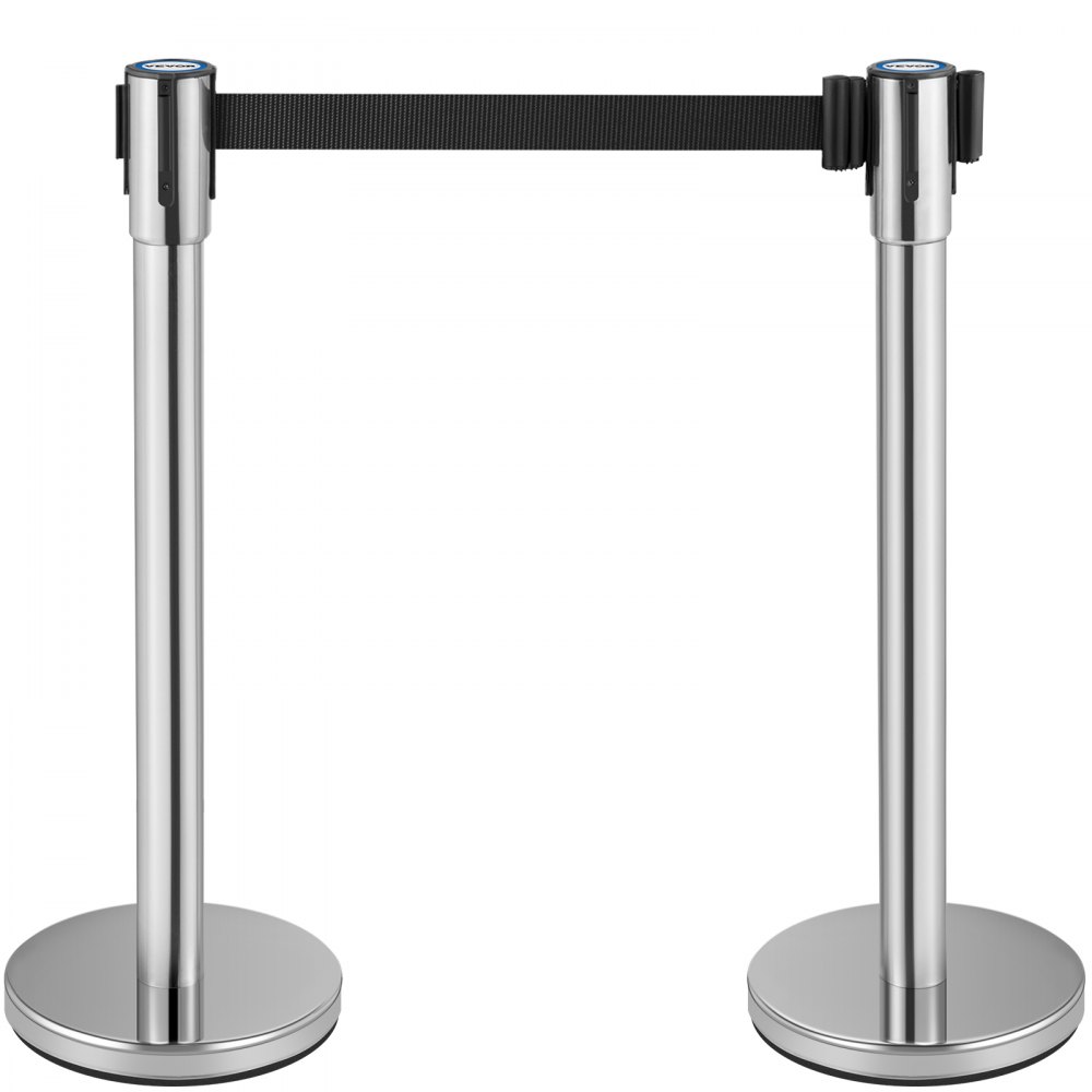 VEVOR Soporte de control de multitudes, juego de 2 soportes con cinturón retráctil negro de 6,6 pies/2 m, barrera de control de multitudes plateada con base de hormigón y metal, montaje de fácil conexión utilizado para aeropuertos, teatros