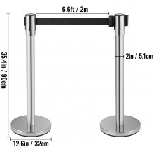 VEVOR Crowd Control Stanchion, Set of 2 Pieces Stanchion Set, Stanchion Set with 6.6 ft/2 m Black Retractable Belt, Silver Crowd Control Barrier w/ Concrete and Metal Base – Easy Connect Assembly