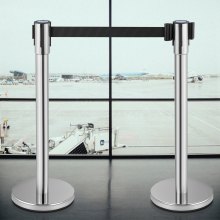 VEVOR Crowd Control Stanchion, Set of 2 Pieces Stanchion Set, Stanchion Set with 6.6 ft/2 m Black Retractable Belt, Silver Crowd Control Barrier w/ Concrete and Metal Base – Easy Connect Assembly