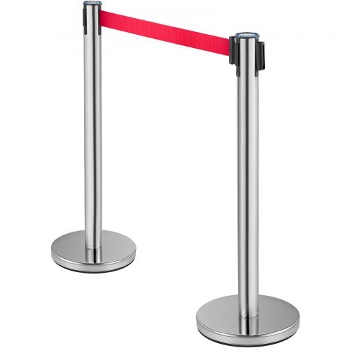 VEVOR Crowd Control Stanchion, Set of 6 Pieces Stanchion Set, Stanchion Set w/ 6.6ft/2m Red Retractable Belt, Silver Crowd Control Barrier w/ Sturdy Rubber Base–Easy Connect Assembly for Crowd Control