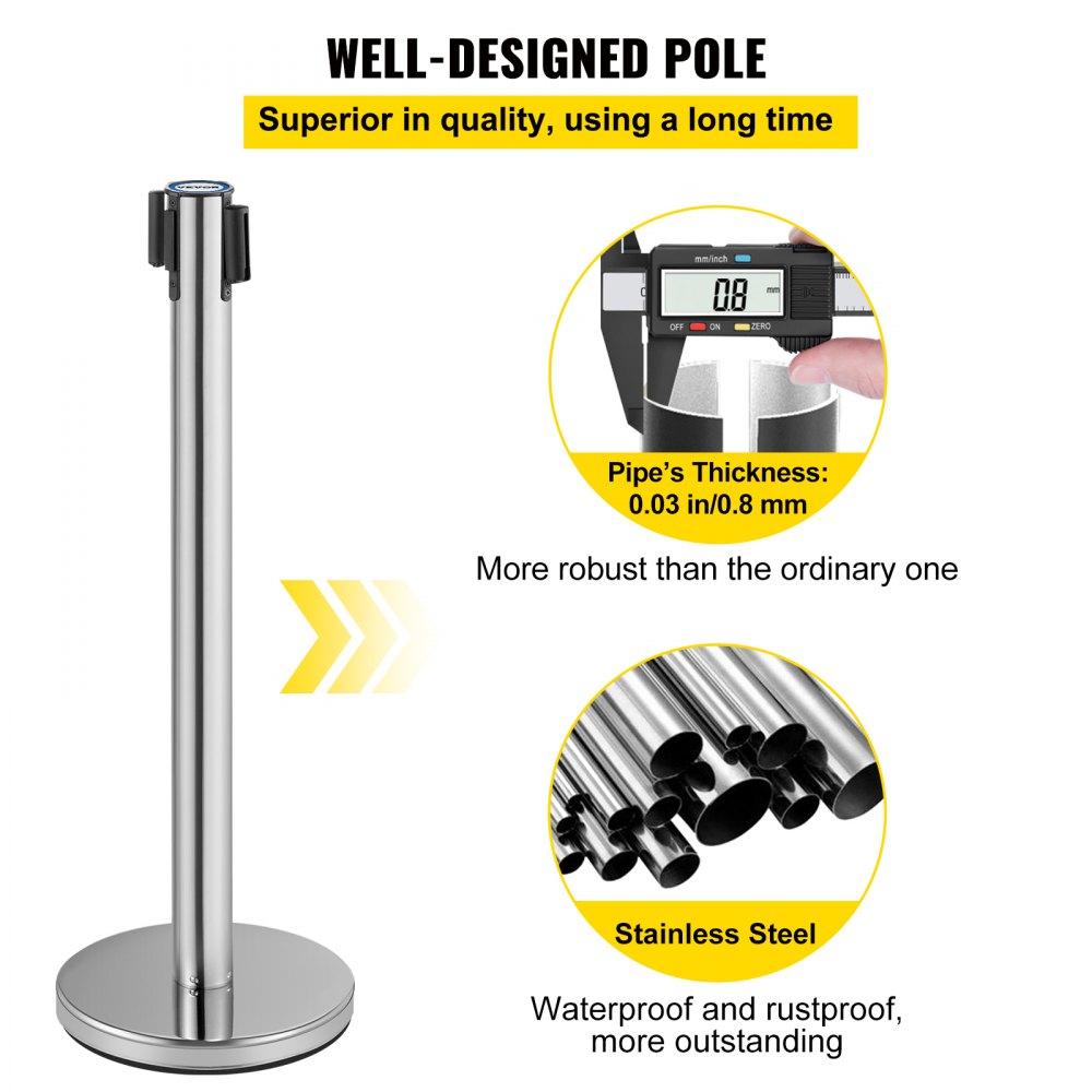 VEVOR Crowd Control Stanchion, Set of 6 Pieces Stanchion Set, Stanchion Set with 6.6 ft/2 m Red Retractable Belt, Crowd Control Barrier with Rubber Base – Easy Connect Assembly for Crowd Control (Silv