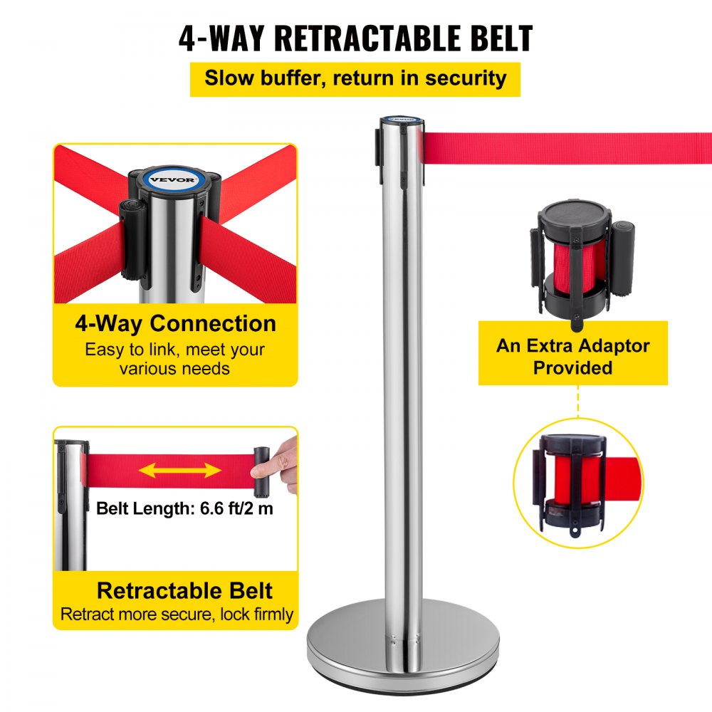 VEVOR Crowd Control Stanchion, Set of 6 Pieces Stanchion Set, Stanchion Set with 6.6 ft/2 m Red Retractable Belt, Crowd Control Barrier with Rubber Base – Easy Connect Assembly for Crowd Control (Silv