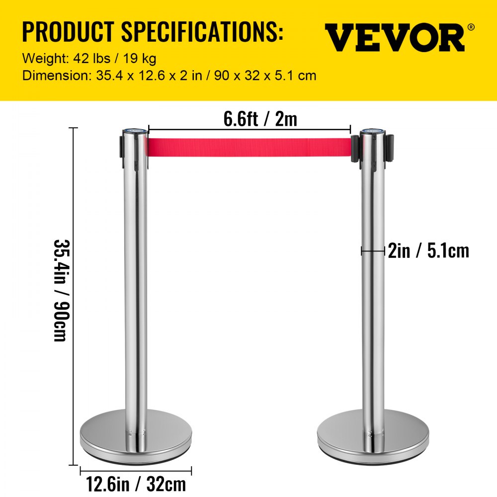 VEVOR Crowd Control Stanchion, Set of 6 Pieces Stanchion Set, Stanchion Set with 6.6 ft/2 m Red Retractable Belt, Crowd Control Barrier with Rubber Base – Easy Connect Assembly for Crowd Control (Silv