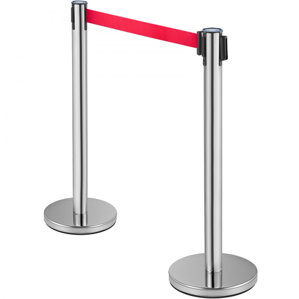 VEVOR Crowd Control Stanchion, Set of 6 Pieces Stanchion Set, Stanchion Set with 6.6 ft/2 m Red Retractable Belt, Crowd Control Barrier with Rubber Base – Easy Connect Assembly for Crowd Control (Silv