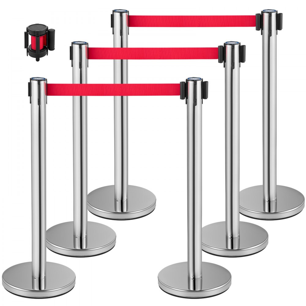 VEVOR Crowd Control-stolpe, uppsättning om 6 delar, stolpe-set, stolpe-set med 6,6 fot/2m rött infällbart bälte, Silver Crowd Control-barriär med robust gummibas – enkel anslutningsenhet för folkmassakontroll