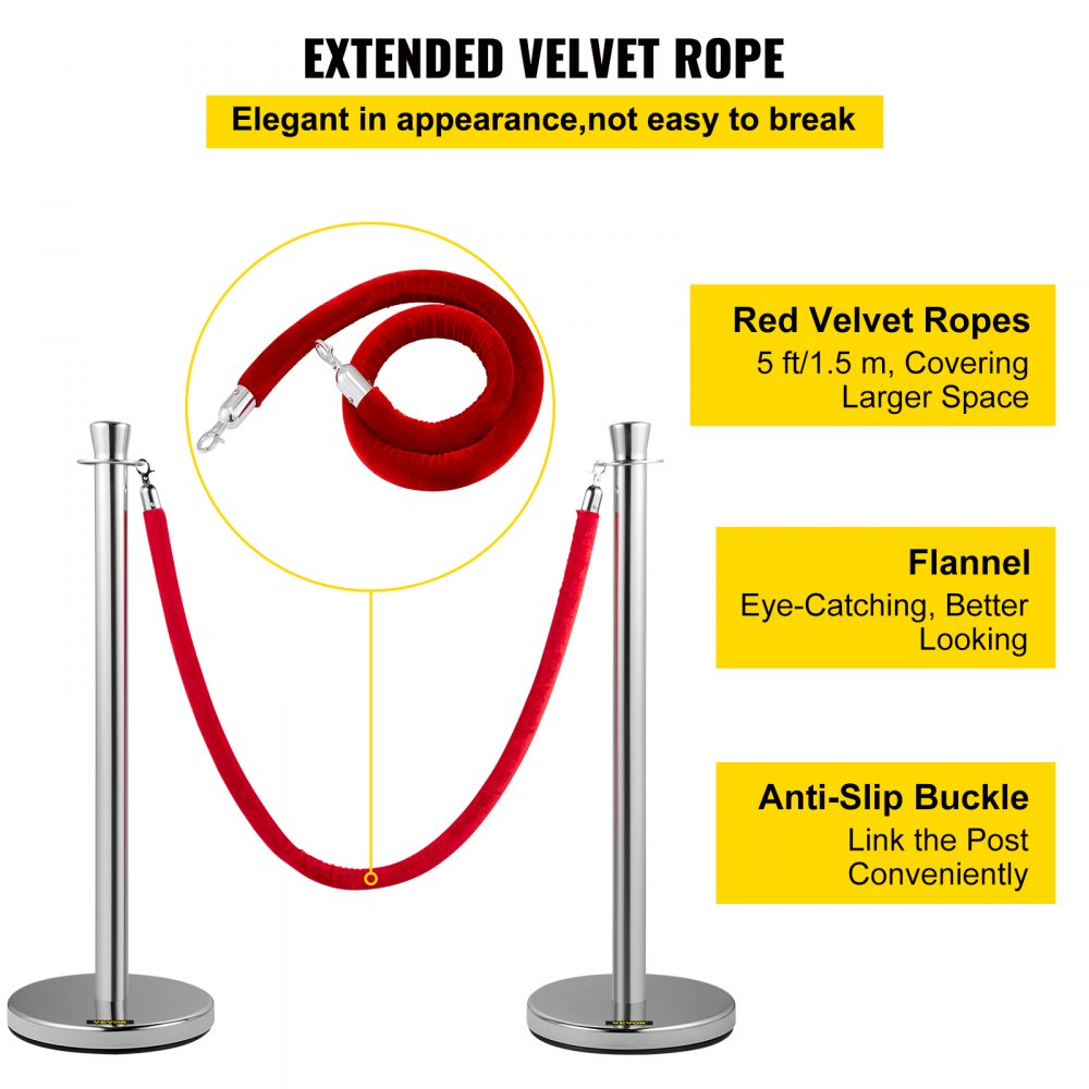 VEVOR Crowd Control Stanchion, Set of 2 Pieces Stanchion Set, Stanchion Set with 5 ft/1.5 m Red Velvet Rope, Silver Crowd Control Barrier w/Sturdy Concrete and Metal Base - Easy Connect Assembly