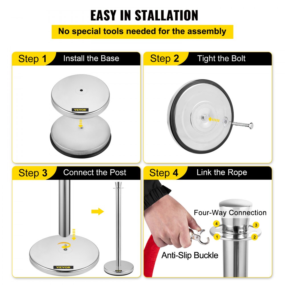 VEVOR Crowd Control Stanchion, Set of 2 Pieces Stanchion Set, Stanchion Set with 5 ft/1.5 m Red Velvet Rope, Silver Crowd Control Barrier w/Sturdy Concrete and Metal Base - Easy Connect Assembly