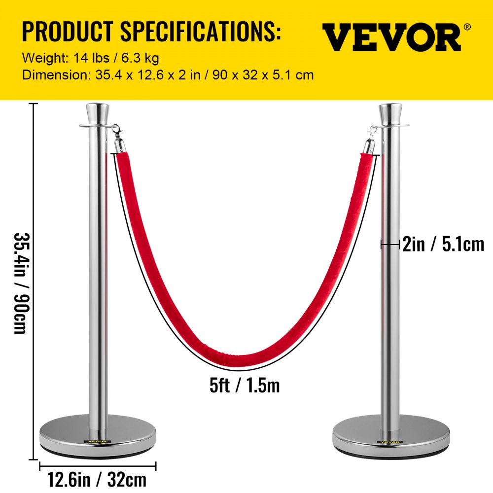 VEVOR Crowd Control Stanchion, Set of 2 Pieces Stanchion Set, Stanchion Set with 5 ft/1.5 m Red Velvet Rope, Silver Crowd Control Barrier w/Sturdy Concrete and Metal Base - Easy Connect Assembly
