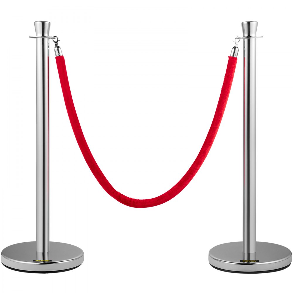 VEVOR Crowd Control Stanchion, Set of 2 Pieces Stanchion Set, Stanchion Set with 5 ft/1.5 m Red Velvet Rope, Silver Crowd Control Barrier w/Sturdy Concrete and Metal Base - Easy Connect Assembly