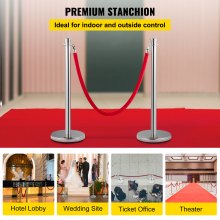 VEVOR Crowd Control Stanchion, Set of 2 Pieces Stanchion Set, Stanchion Set with 5 ft/1.5 m Red Velvet Rope, Silver Crowd Control Barrier w/Sturdy Concrete and Metal Base - Easy Connect Assembly