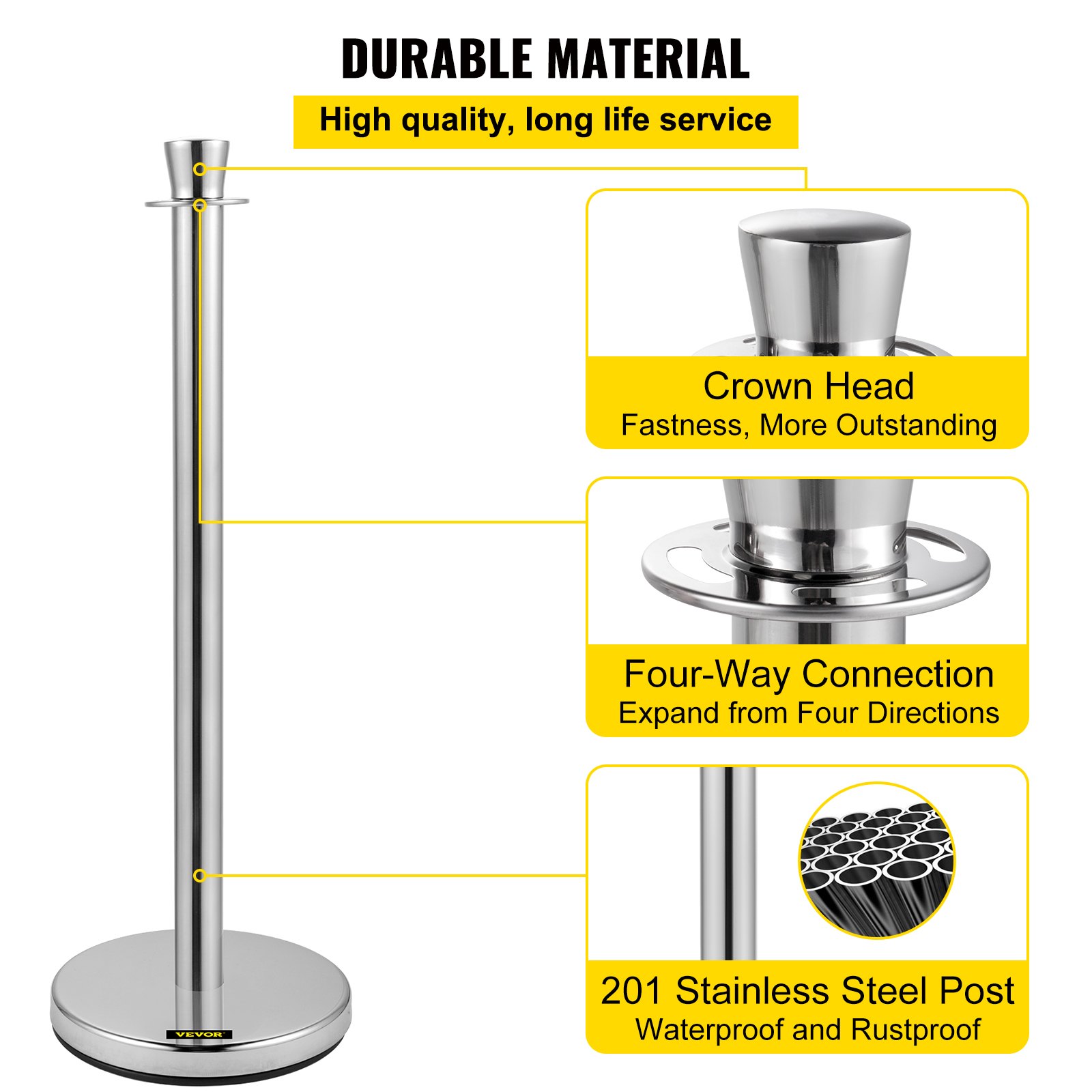 VEVOR Crowd Control Stanchion, Set of 2 Pieces Stanchion Set, Stanchion Set with 5 ft/1.5 m Red Velvet Rope, Silver Crowd Control Barrier w/Sturdy Concrete and Metal Base - Easy Connect Assembly