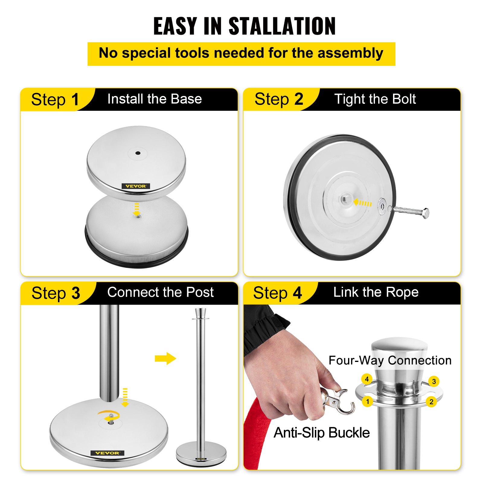VEVOR Crowd Control Stanchion, Set of 2 Pieces Stanchion Set, Stanchion Set with 5 ft/1.5 m Red Velvet Rope, Silver Crowd Control Barrier w/Sturdy Concrete and Metal Base - Easy Connect Assembly