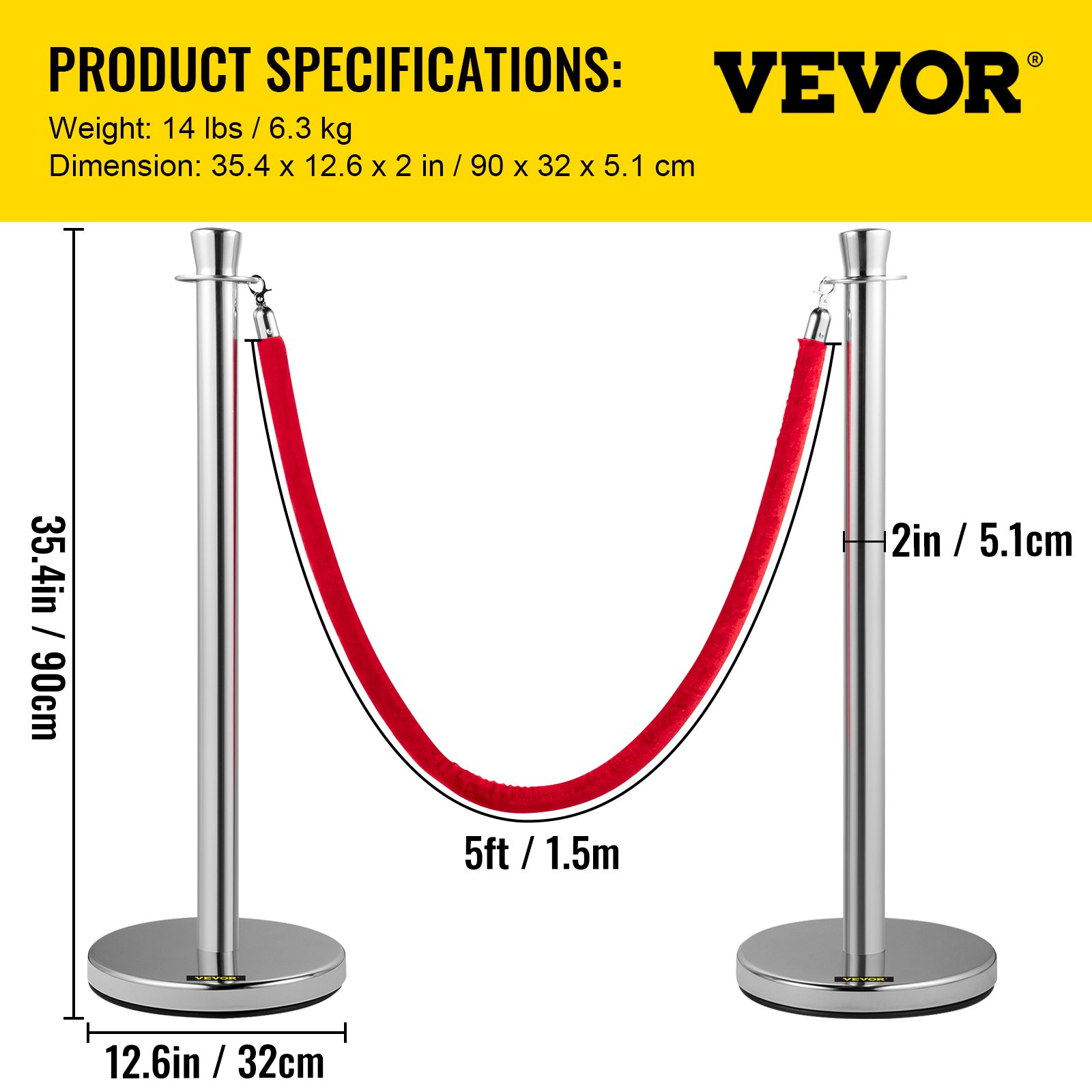VEVOR Crowd Control Stanchion, Set of 2 Pieces Stanchion Set, Stanchion Set with 5 ft/1.5 m Red Velvet Rope, Silver Crowd Control Barrier w/Sturdy Concrete and Metal Base - Easy Connect Assembly