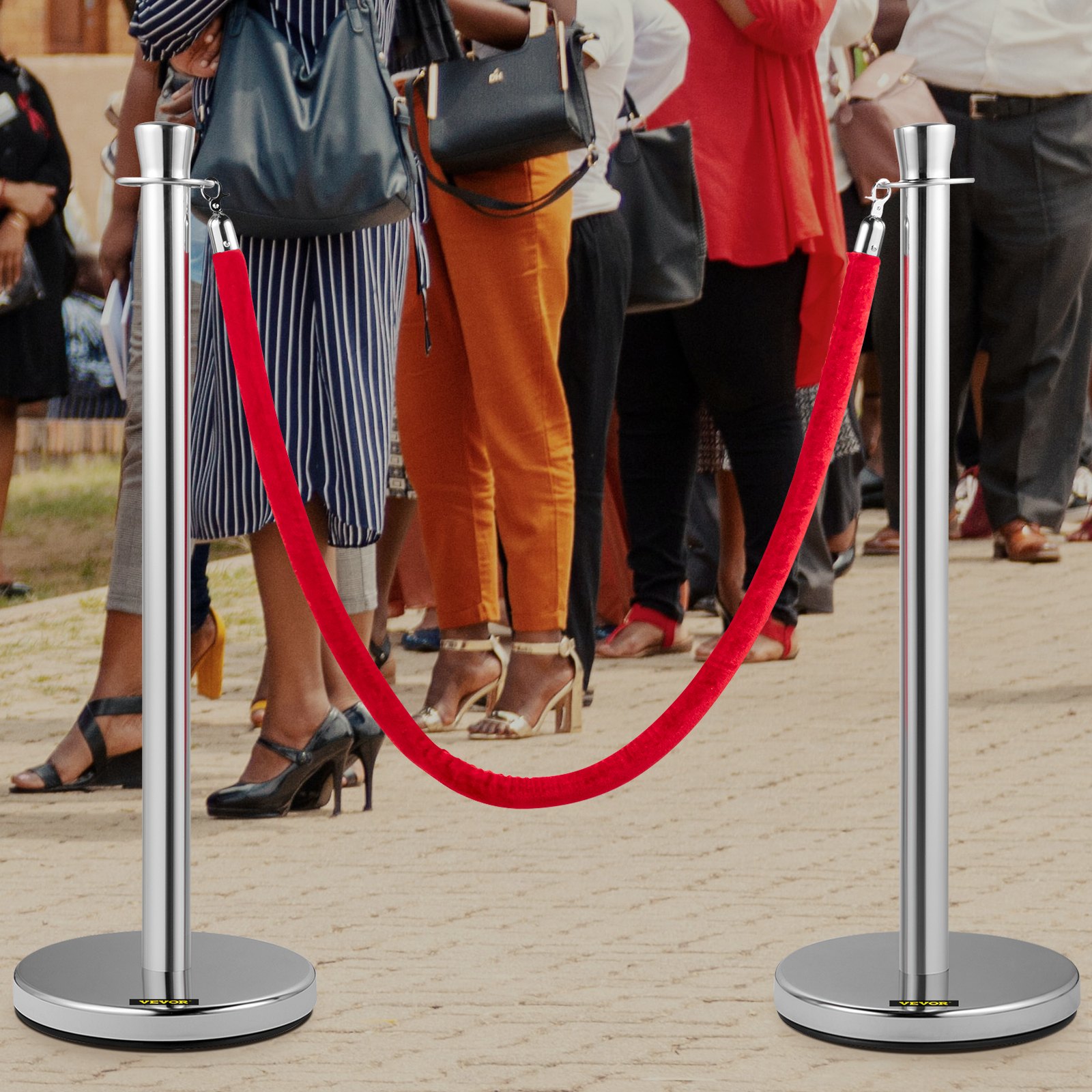 VEVOR Crowd Control Stanchion, Set of 2 Pieces Stanchion Set, Stanchion Set with 5 ft/1.5 m Red Velvet Rope, Silver Crowd Control Barrier w/Sturdy Concrete and Metal Base - Easy Connect Assembly