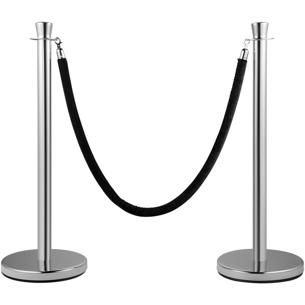 VEVOR Crowd Control Stanchion, Set of 2 Pieces Stanchion Set, Stanchion Set with 5 ft/1.5 m Black Velvet Rope, Silver Crowd Control Barrier with Sturdy Concrete and Metal Base - Easy Connect Assembly