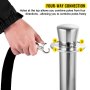 hand attaching a black belt to a VEVOR crowd control stanchion with four-way connection points.