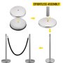 VEVOR crowd control stanchion with easy assembly steps and black rope connection.