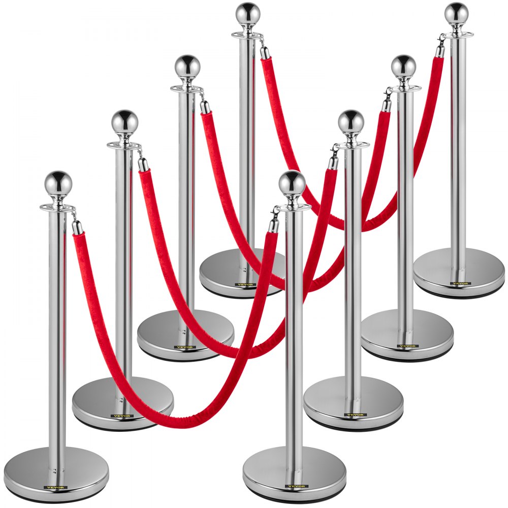 VEVOR Crowd Control Stång, Set med 8 delar Stång Set, Stång Set med 5 fot/1,5 m rött sammetsrep, Silver Crowd Control Barriär med robust betong och metallbas – Easy Connect Montering