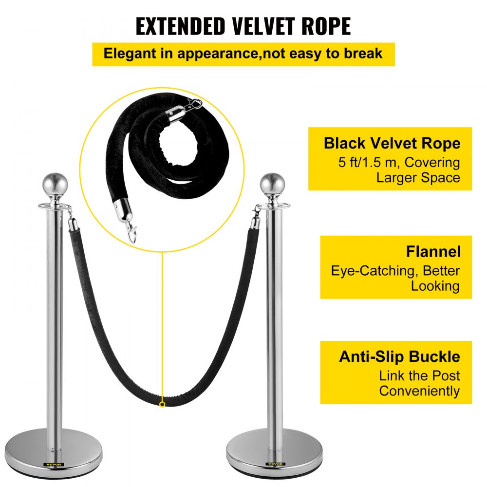 VEVOR Crowd Control Stanchion Stanchion Set 2pcs Set w/ Black Velvet Rope-Silver