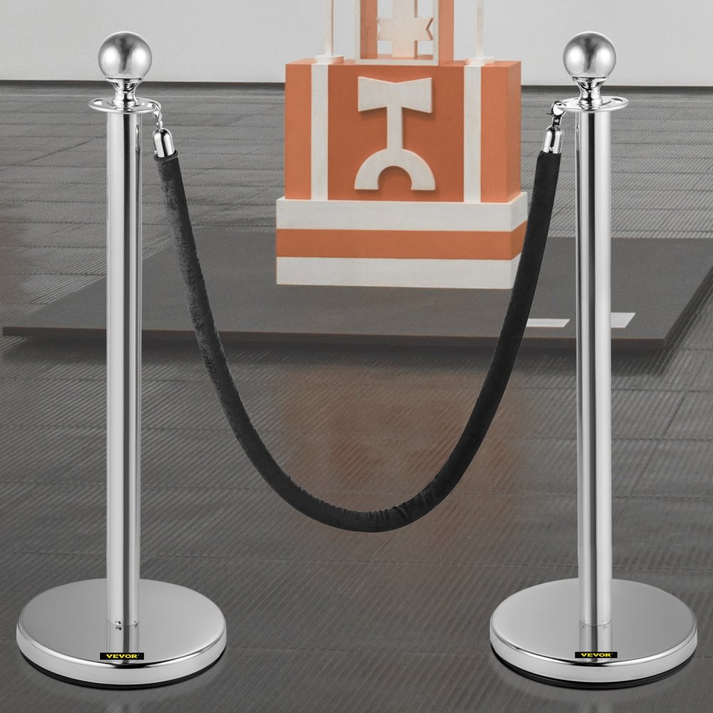 VEVOR Crowd Control Stanchion Stanchion Set 2pcs Set w/ Black Velvet Rope-Silver