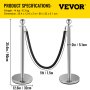 VEVOR Crowd Control Stanchion Stanchion Set 2pcs Set w/ Black Velvet Rope-Silver