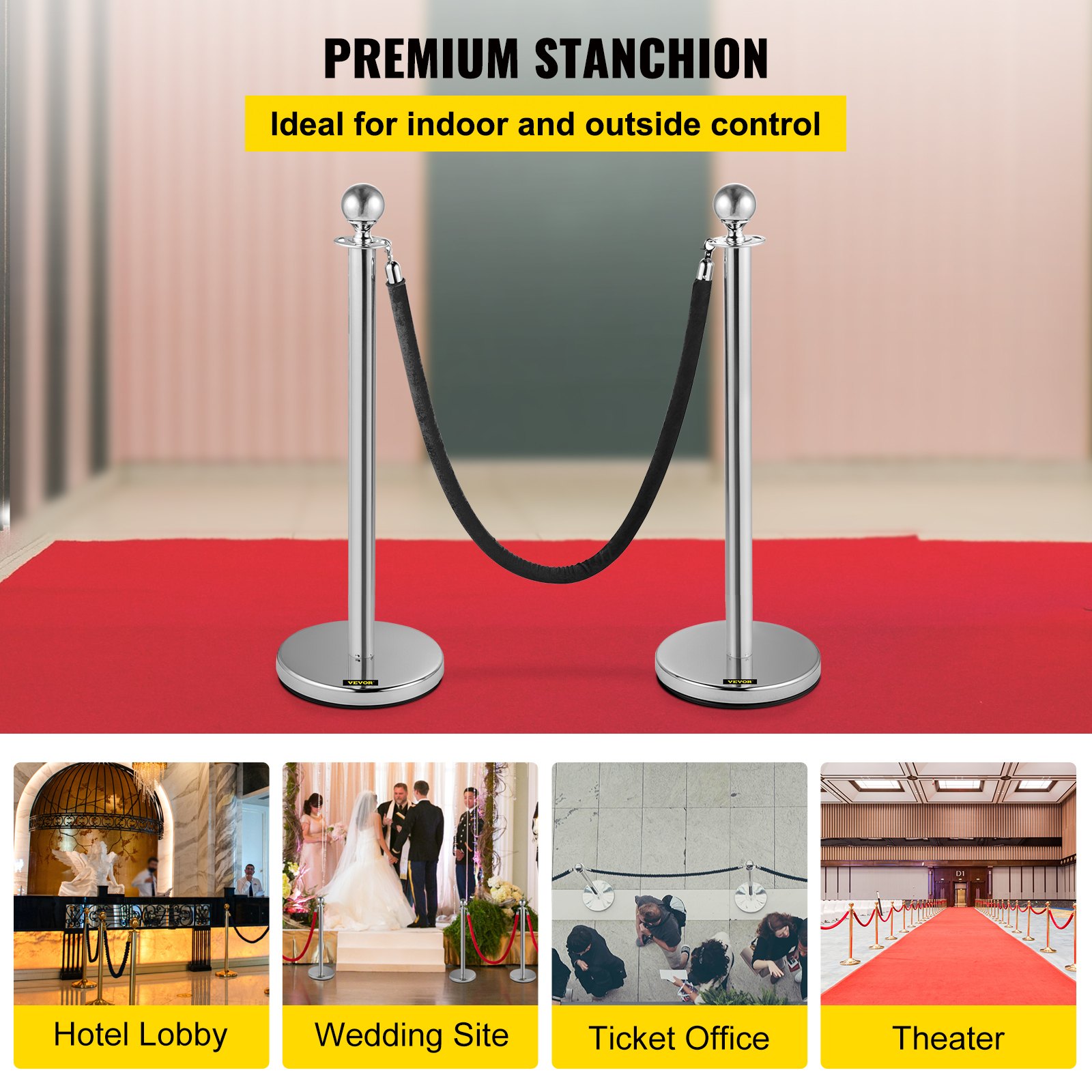VEVOR Crowd Control Stanchion Stanchion Set 2pcs Set w/ Black Velvet Rope-Silver