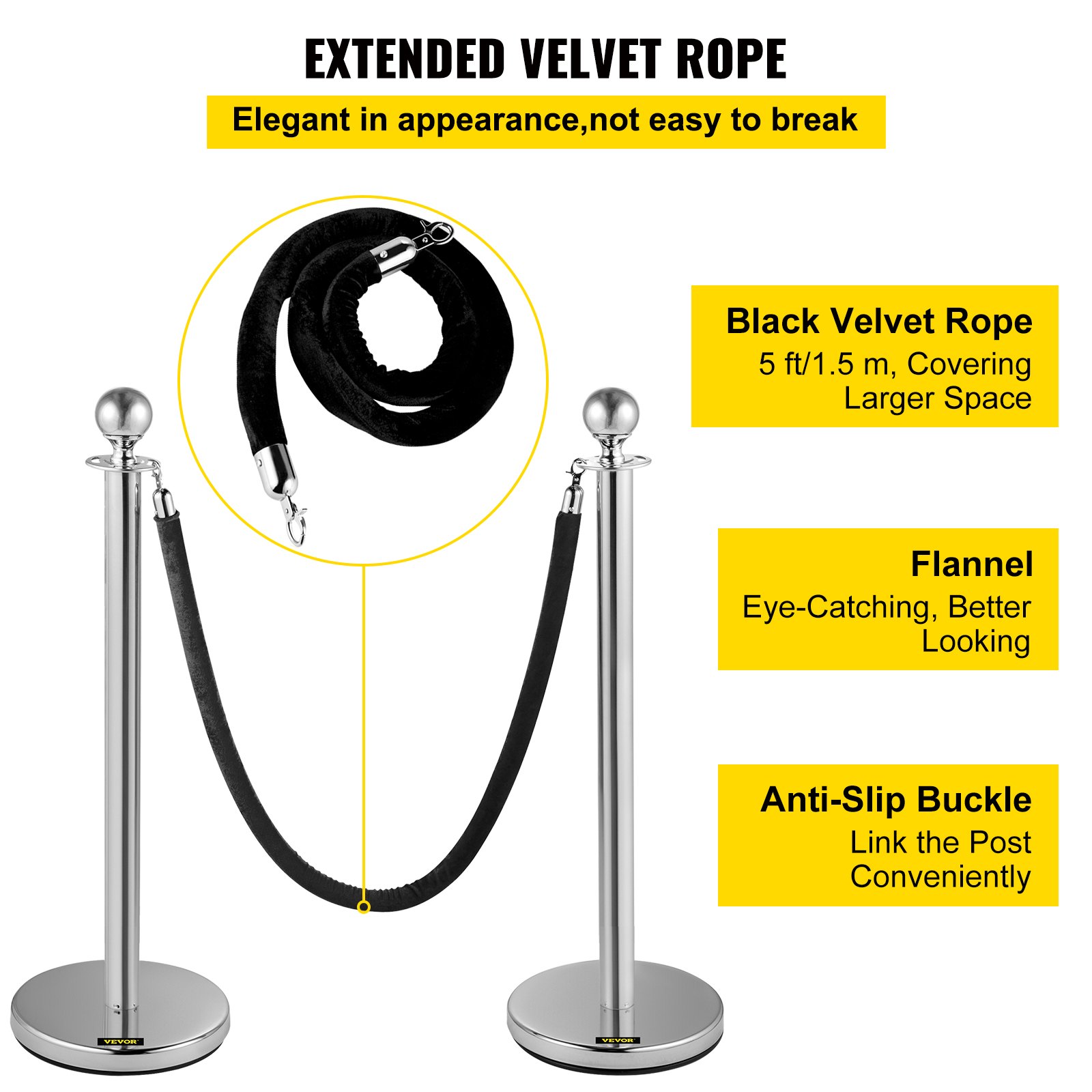 VEVOR Crowd Control Stanchion Stanchion Set 2pcs Set w/ Black Velvet Rope-Silver