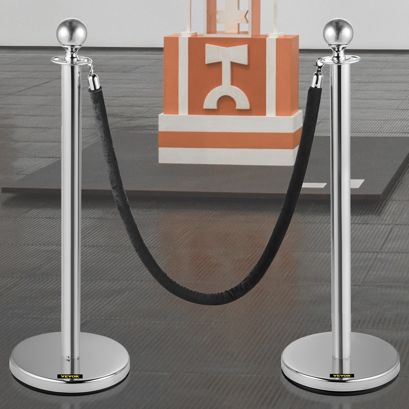 VEVOR Crowd Control Stanchion Stanchion Set 2pcs Set w/ Black Velvet Rope-Silver